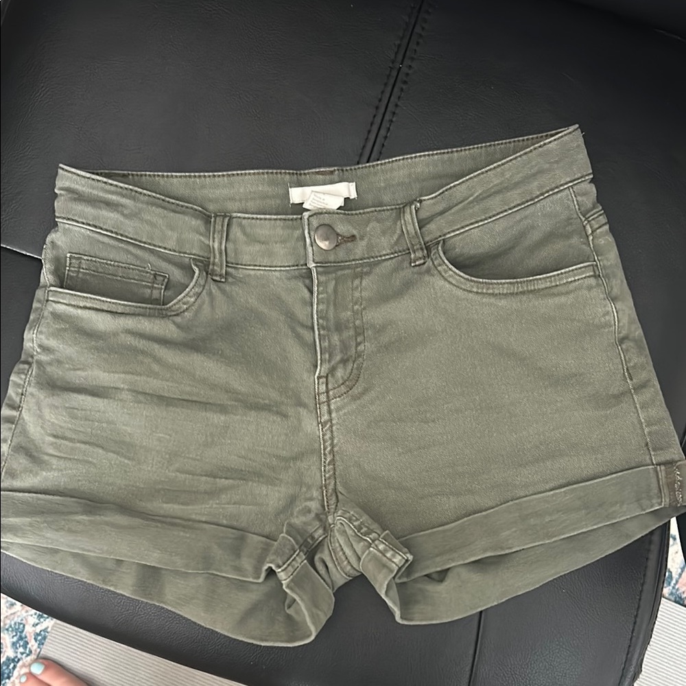 H&M Green Jean Shorts with Rolled Hem